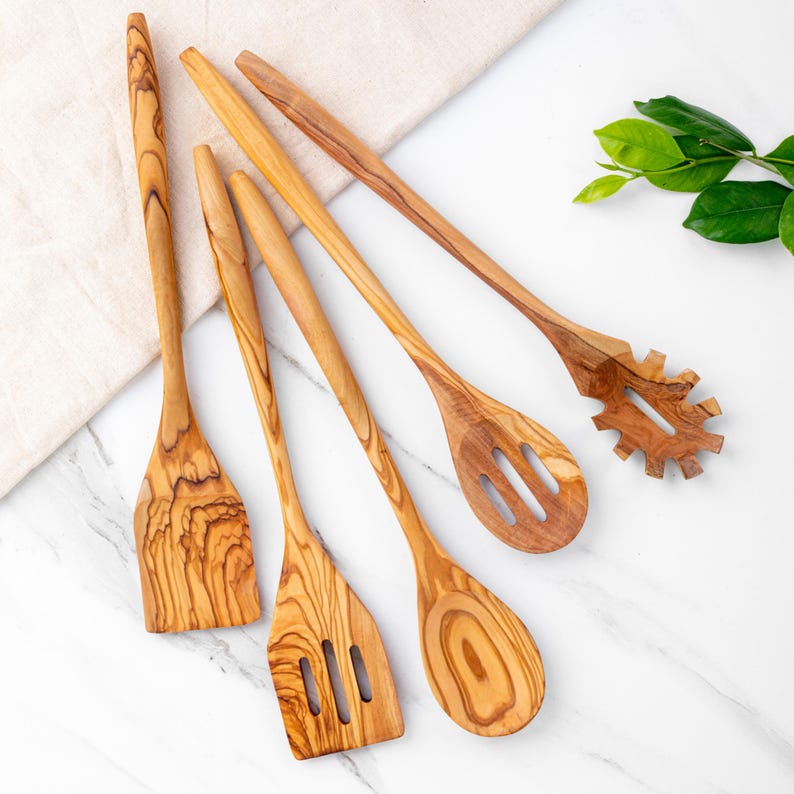 Olive Wood Utensil Set of 5 Kitchen Utensils: Wooden Cooking Spatulas & Spoons | Personalized Kitchen Gift +FREE Wood Beeswax and Engraving