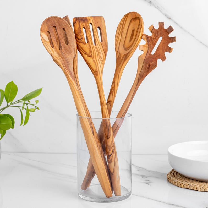 Olive Wood Utensil Set of 5 Kitchen Utensils: Wooden Cooking Spatulas & Spoons | Personalized Kitchen Gift +FREE Wood Beeswax and Engraving