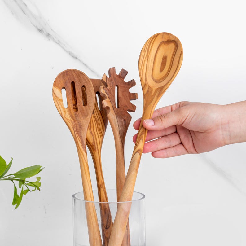 Olive Wood Utensil Set of 5 Kitchen Utensils: Wooden Cooking Spatulas & Spoons | Personalized Kitchen Gift +FREE Wood Beeswax and Engraving