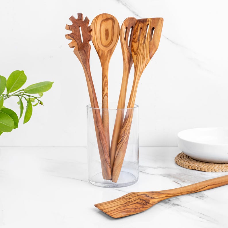 Olive Wood Utensil Set of 5 Kitchen Utensils: Wooden Cooking Spatulas & Spoons | Personalized Kitchen Gift +FREE Wood Beeswax and Engraving