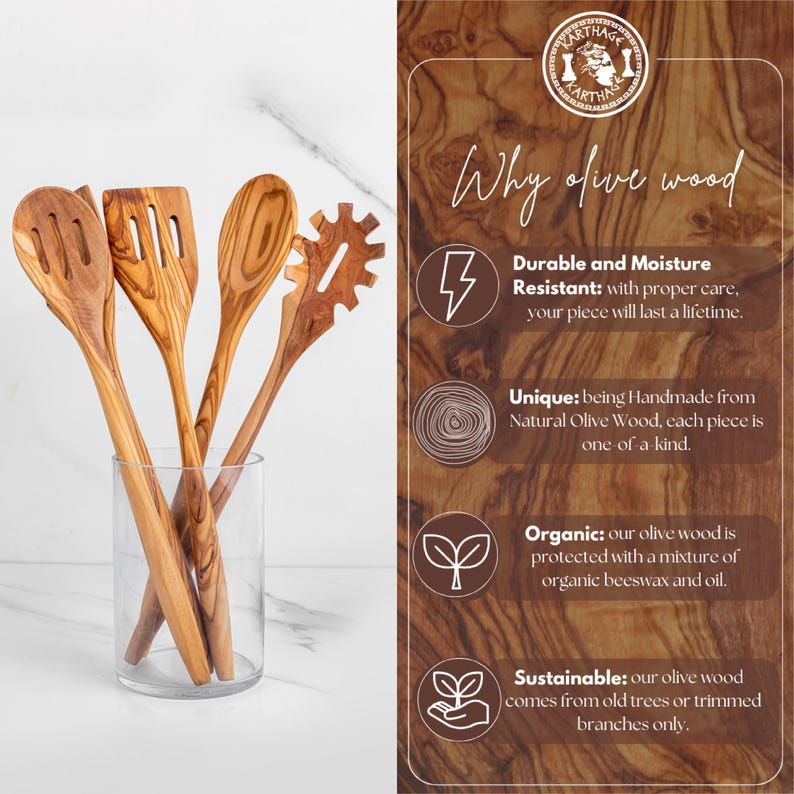 Olive Wood Utensil Set of 5 Kitchen Utensils: Wooden Cooking Spatulas & Spoons | Personalized Kitchen Gift +FREE Wood Beeswax and Engraving