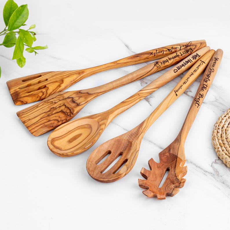 Olive Wood Utensil Set of 5 Kitchen Utensils: Wooden Cooking Spatulas & Spoons | Personalized Kitchen Gift +FREE Wood Beeswax and Engraving